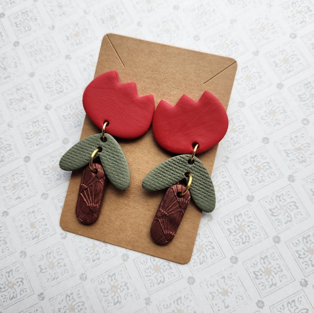 Red Tulip Textured Clay Earrings